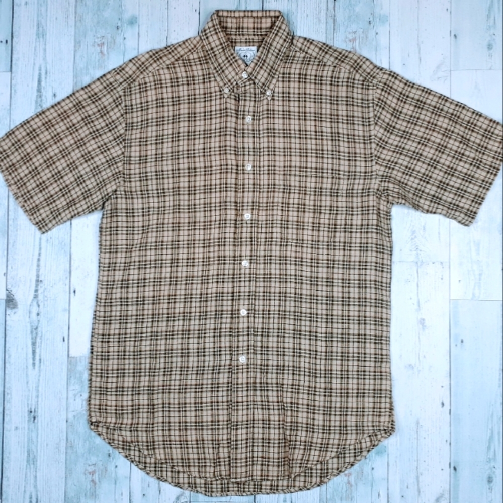 Brooks Brothers Sport 100% Linen Mens Small Plaid Short Sleeve Button Down Shirt